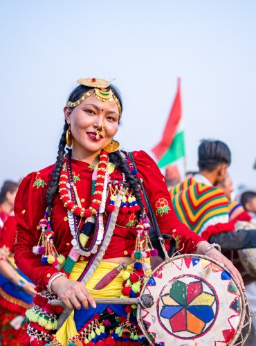 Kirat community wearing traditional dress, playing traditional musical instrument and celebrating the Sakela Ubhauli festival in Kathmandu, Nepal, on Saturday May 13, 2023
