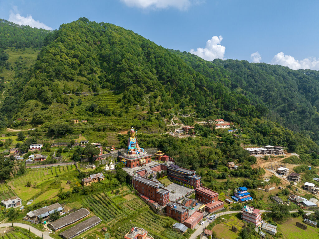 Aerial view of The biggest Guru Rinpoche Statue in Nepal