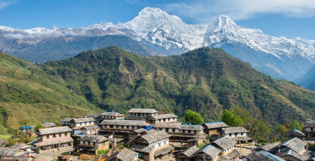View of Annapurna range includes Annapurna South and Mt.Himchuli view from Ghandruk village in northern-central of Nepal.